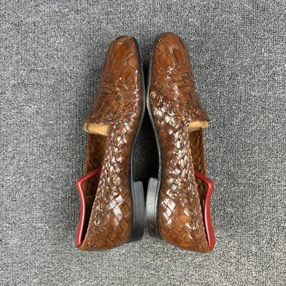 Moreschi Woven Leather Loafers Mens 10 Brown Handmade Italy Basket Weave Slip On